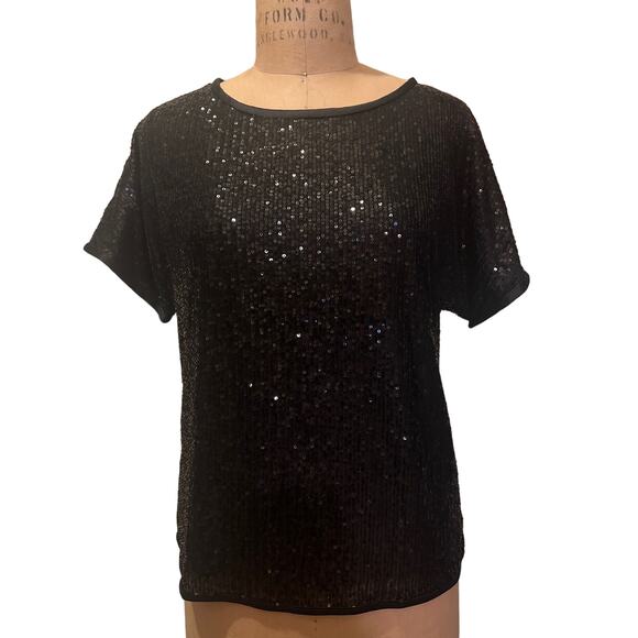 Women's Black Sparkly Sequin Short Sleeve T-shirt Top NWT Size S - Picture 1 of 7